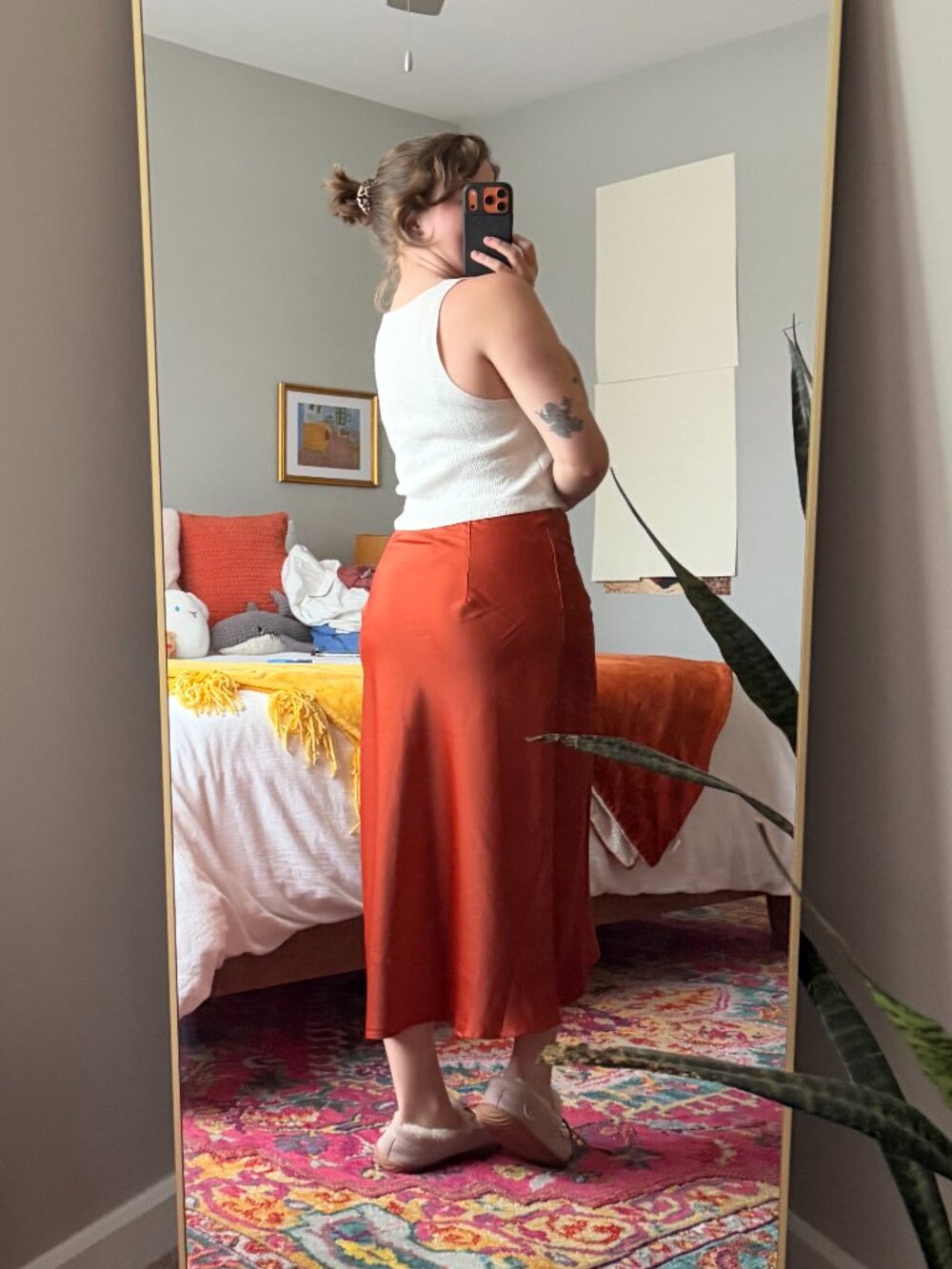 Burnt Orange Satin Midi Skirt Size 8 - Picture 2 of 7